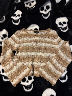 Eclipse Striped Open-Knit Crew Sweater in Tan and Cream